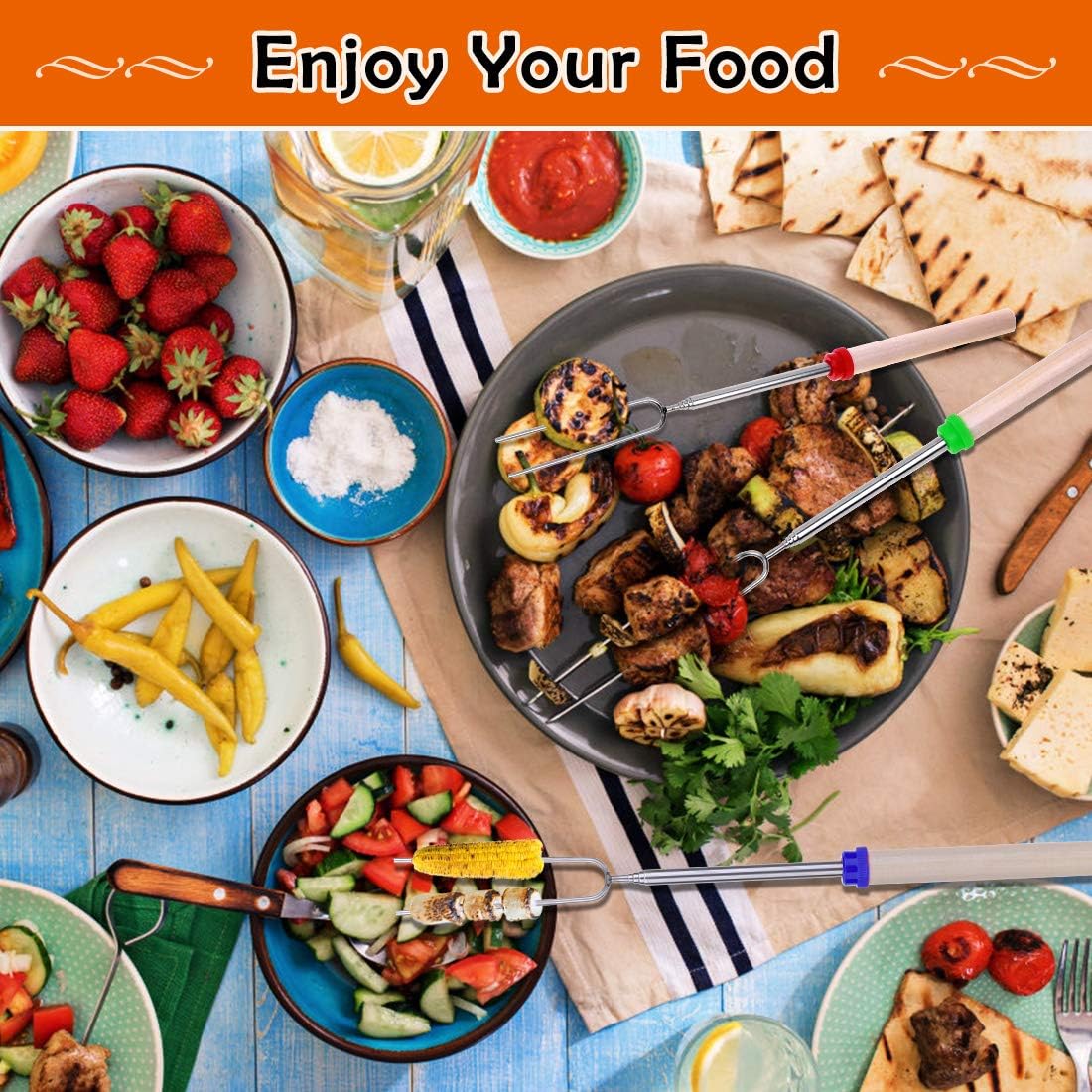 Marshmallow Roasting Sticks, Smores Sticks for Fire Pit with Wooden Handle, Stainless Steel Telescoping Roasting Sticks, 32 Inch Extendable BBQ Forks for Fire Pit, Campfire and Sausage BBQ Set of 8 : Garden & Outdoor