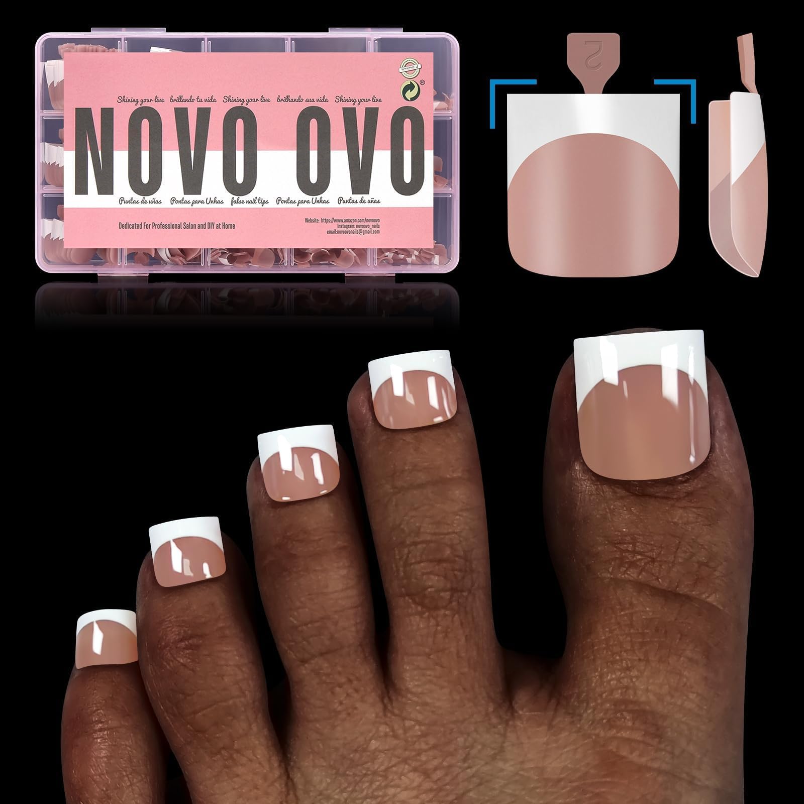 NOVO OVO French Tip Toe Nail Tips Press on, Sharp Square Pre-Designed Soft Gel False Toenail Extension, BROWN PINK Pre-applied Tip Primer & Base Coat, Full Cover Acrylic for DIY x 15 Sizes 240 pcs — image 1