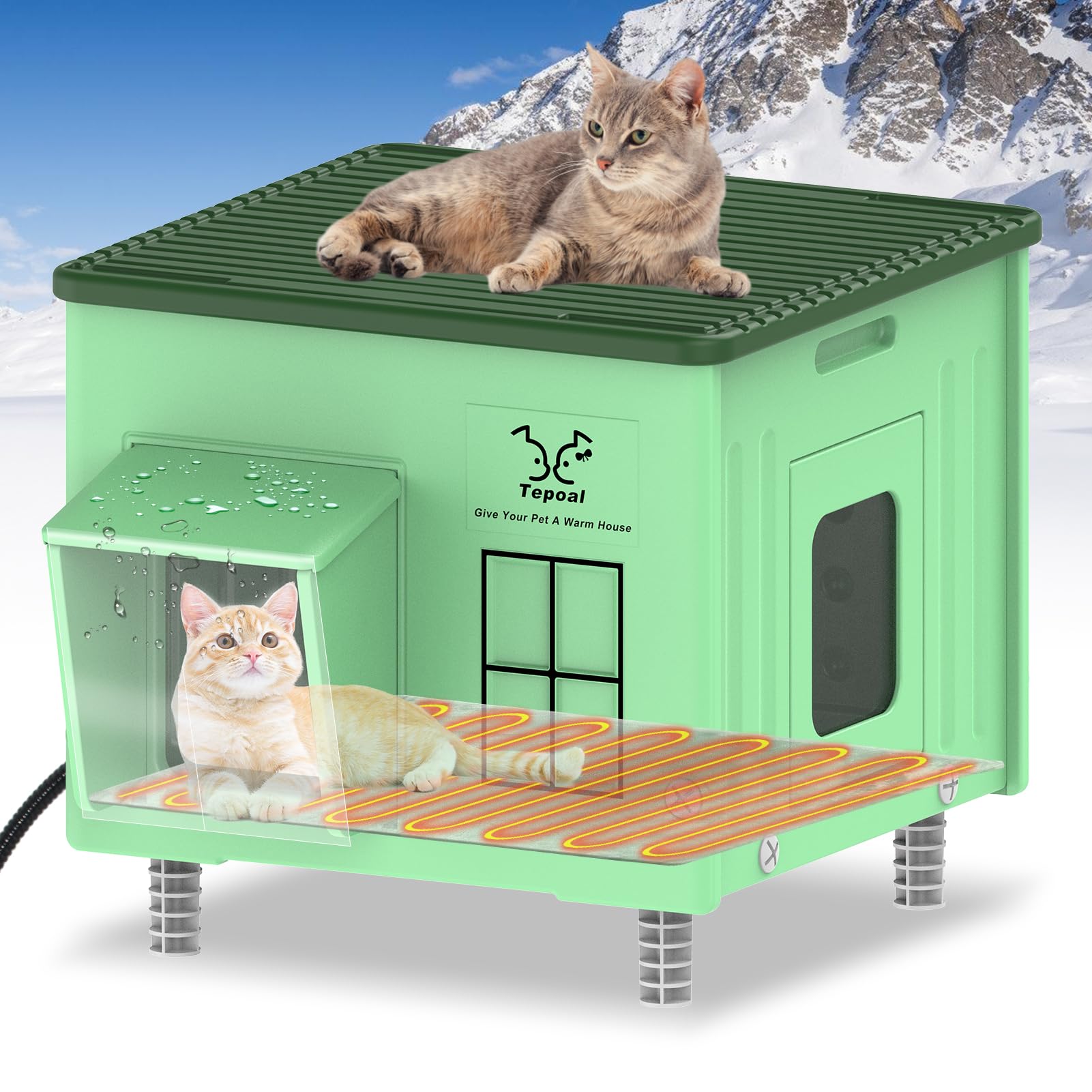 Photo 1 of Tepoal Plastic Heated Cat House for Outside Winter, 100% Weatherproof & Insulated Outdoor Feral Cat Shelter with Safety Escape Door, Stackable Cat House with Heater for Barn Cat, Green 17.7"x17"x17.5"