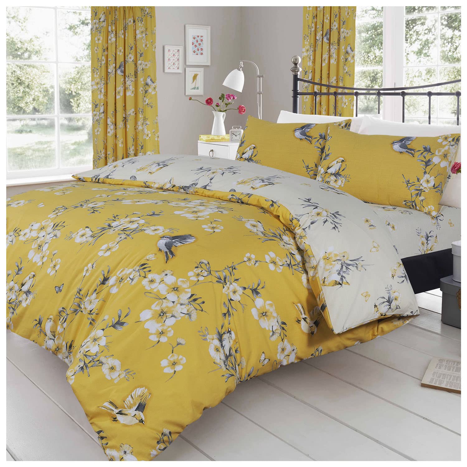 GAVENO CAVAILIA Reversible Birdie Blossom Duvet Cover, Easy Care Quilt Bed Set, Premium Quality, Ochre, Double Size, Polycotton, 538912