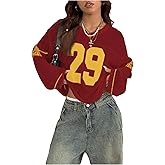 BEAUDRM Women's Y2k Tops Graphic Oversized Crochet Jersey Shirt V Neck Long Sleeve Knit Pullover Sweater Going Out Top