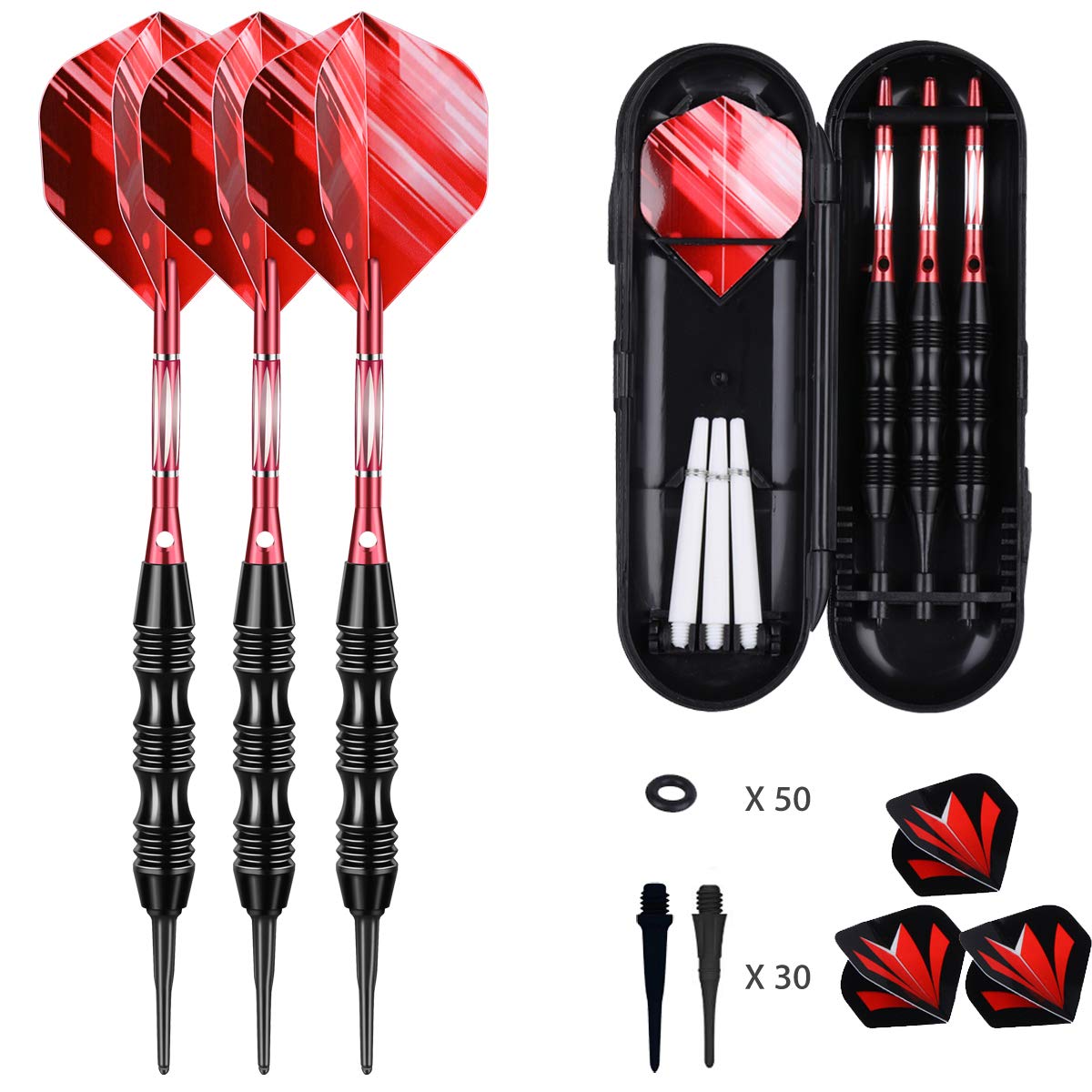 sanfeng Soft Tip Darts Set 18/20 Grams W/ 50 O-Rings - Green/Purple/Red Aluminum Shafts + 6 Standard Flights + 3 Frosted White Shafts + 30 Soft Tips + Portable Case for Electronic Dart Board