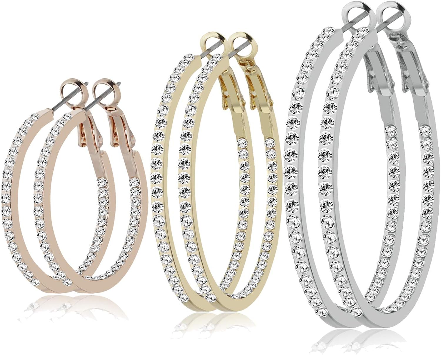 3 Pairs Stainless Steel Hypoallergenic Rhinestone Hoop Loop