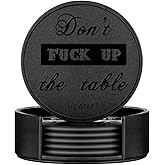 Funny Coasters, Thipoten 6 Pcs Leather Coasters with Holder, Perfect Housewarming Hostess Gifts, Protect Furniture from Water Marks Scratch and Damage(6Pcs, Black)