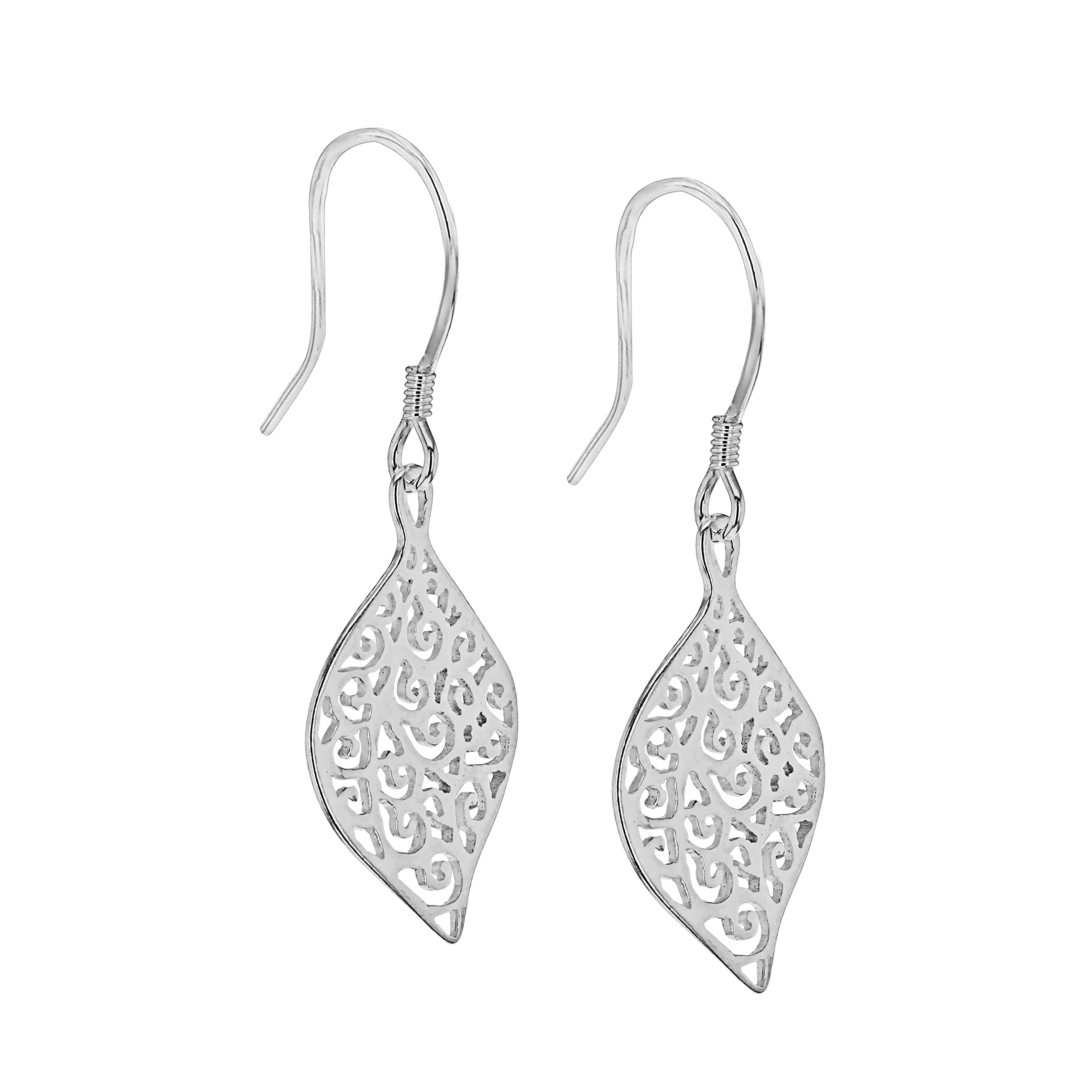 Tuscany Silver Women's Sterling Silver Curved Filigree Leaf Drop Earrings