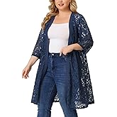 Agnes Orinda Plus Size Cardigans for Women Lace Cardigan Lightweight Crochet 3/4 Sleeve Cover Up Jacket