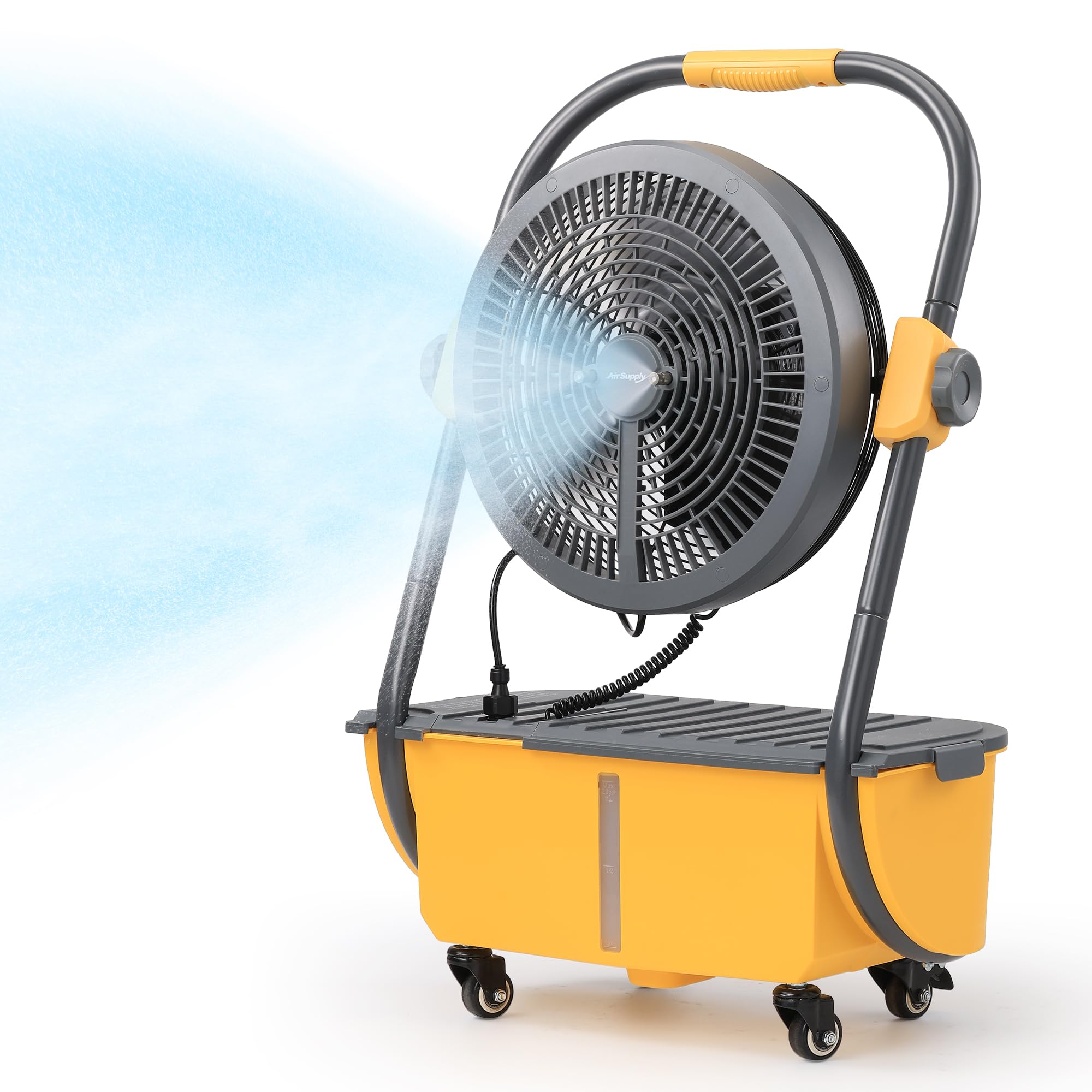 Photo 1 of TURBRO Cordless Misting Fan with 11L Tank, High Pressure Spray Nozzles, 15ft Mist Range, Up to 50 Hours Run Time with Rechargeable Battery, 360° Swivel Wheels, Ideal for Patio, Pool and Outdoor Use