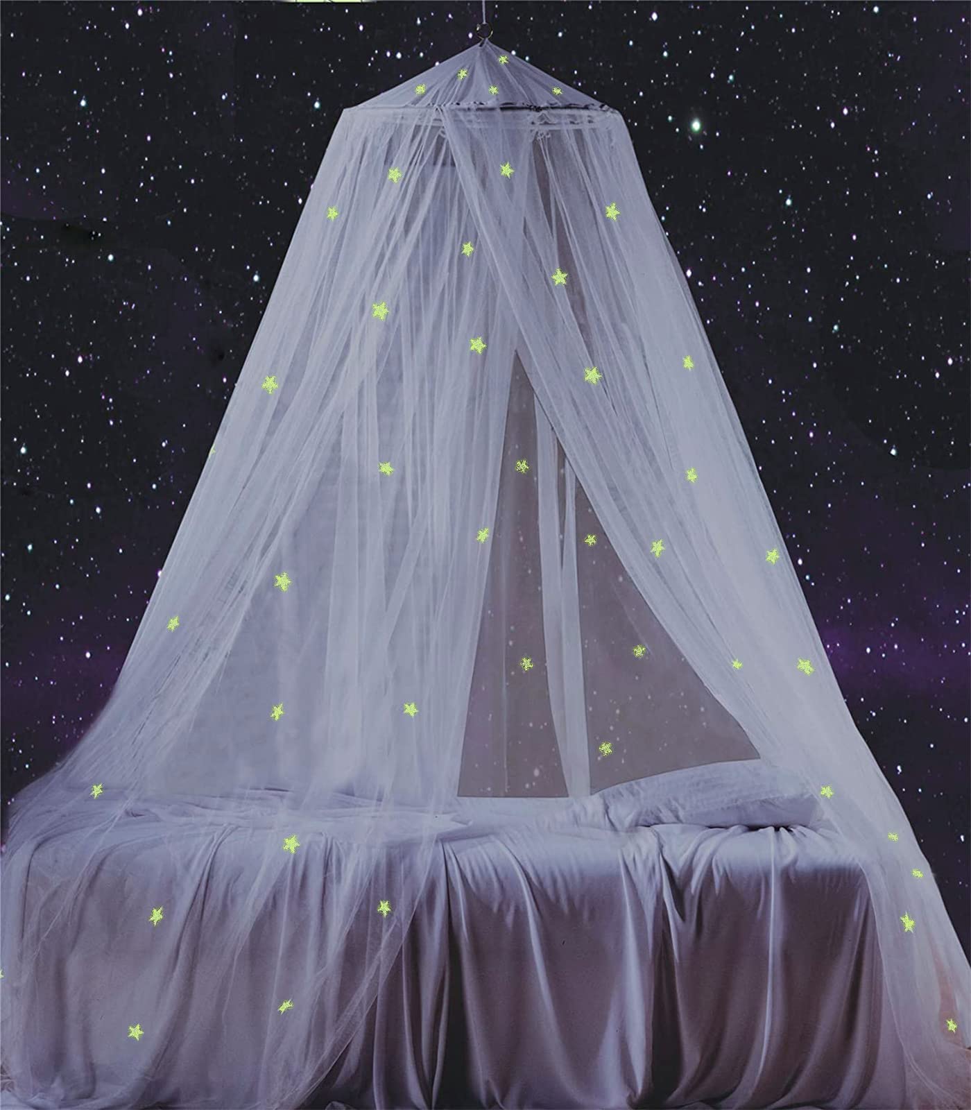 Bed Canopy with Glowing Stars in The Dark, Bed Curtain for Baby Cot, Kids Bed & Toddler Bed, Single & Double Bed, Mosquito Net Canopy for Girls or Boys Room, Fire Retardant Fabric