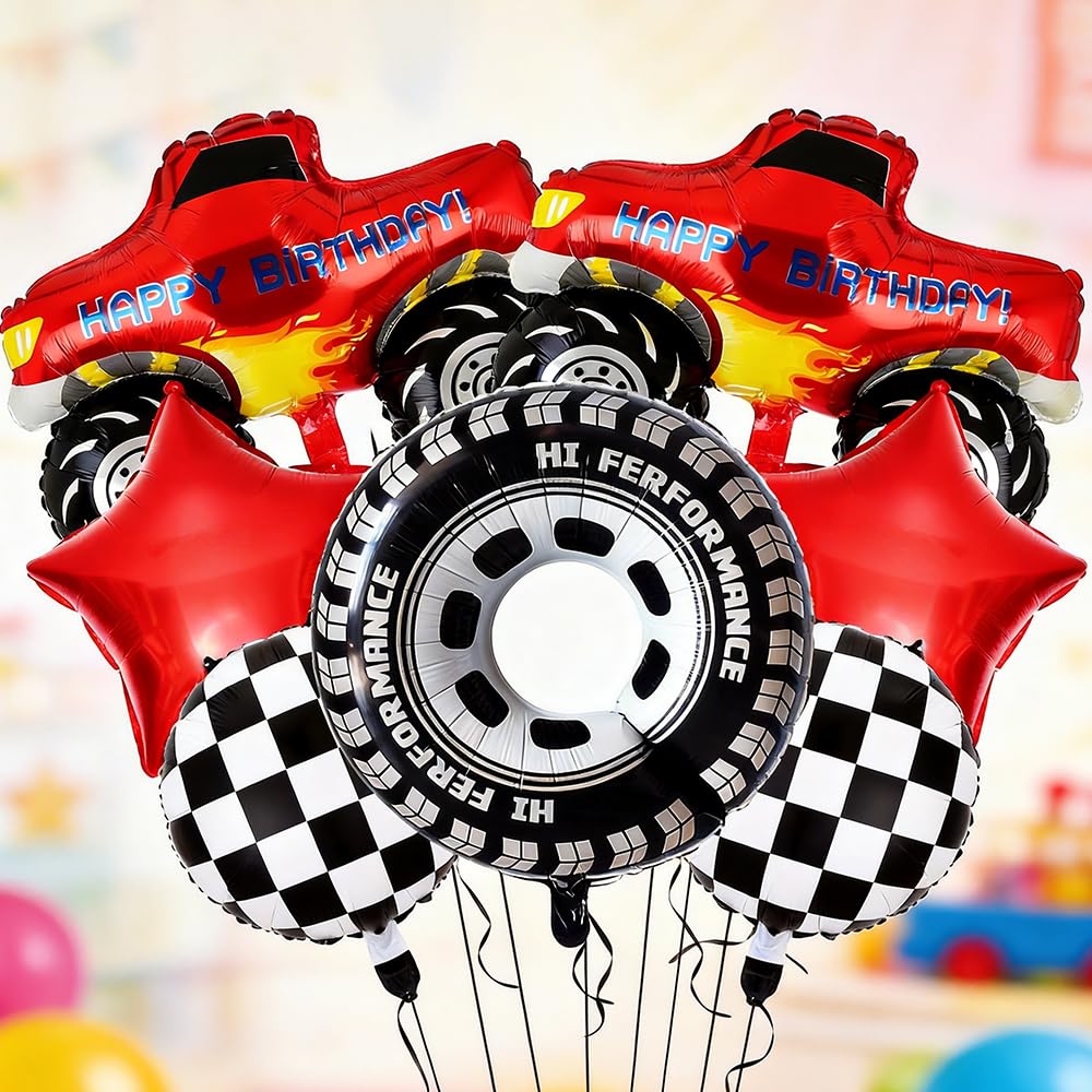 7PCS Racing Theme Self-Sealing Balloons - Party Balloons for Kids Birthday Decorations, Car Themed Party Supplies (Red/Black/White)