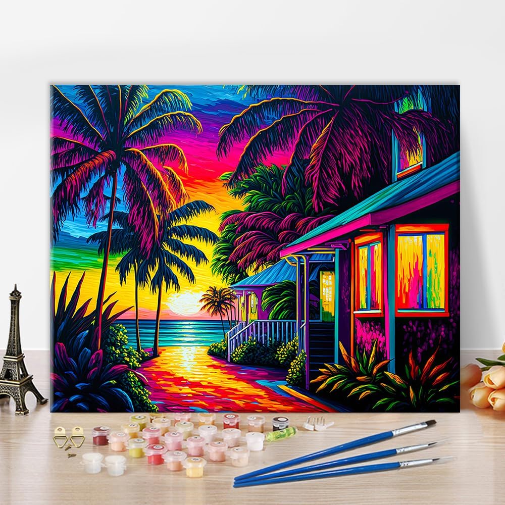 Paintings - TUMOVO Abstract DIY Paint by Number for Adults Colorful Beach Painting by Numbers Kits with Brushes Sunset Adult Paint by Number Kits on Canvas Art Crafts for Home 16