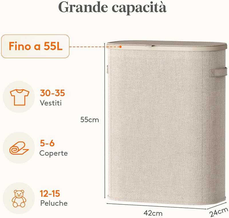 Cesto Portabiancheria, Cesta Panni Sporchi con coperchio, Laundry Basket con Plastica Manici, Porta Biancheria Sporca per Bagno, Lavanderia, Camera da Letto, 55 L, Beige