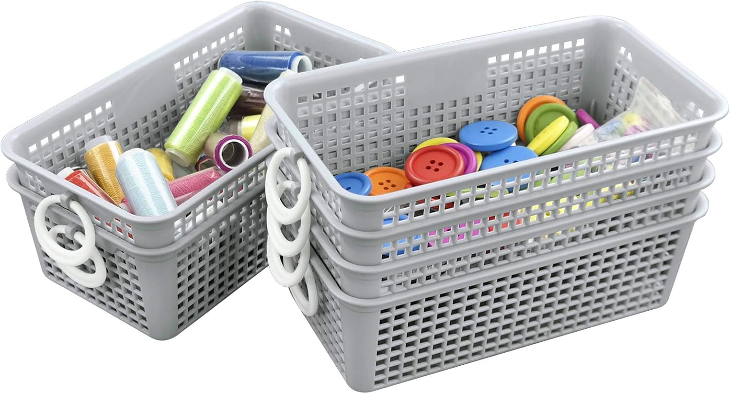 Neadas Plastic Small Rectangle Light Grey Storage Basket with White