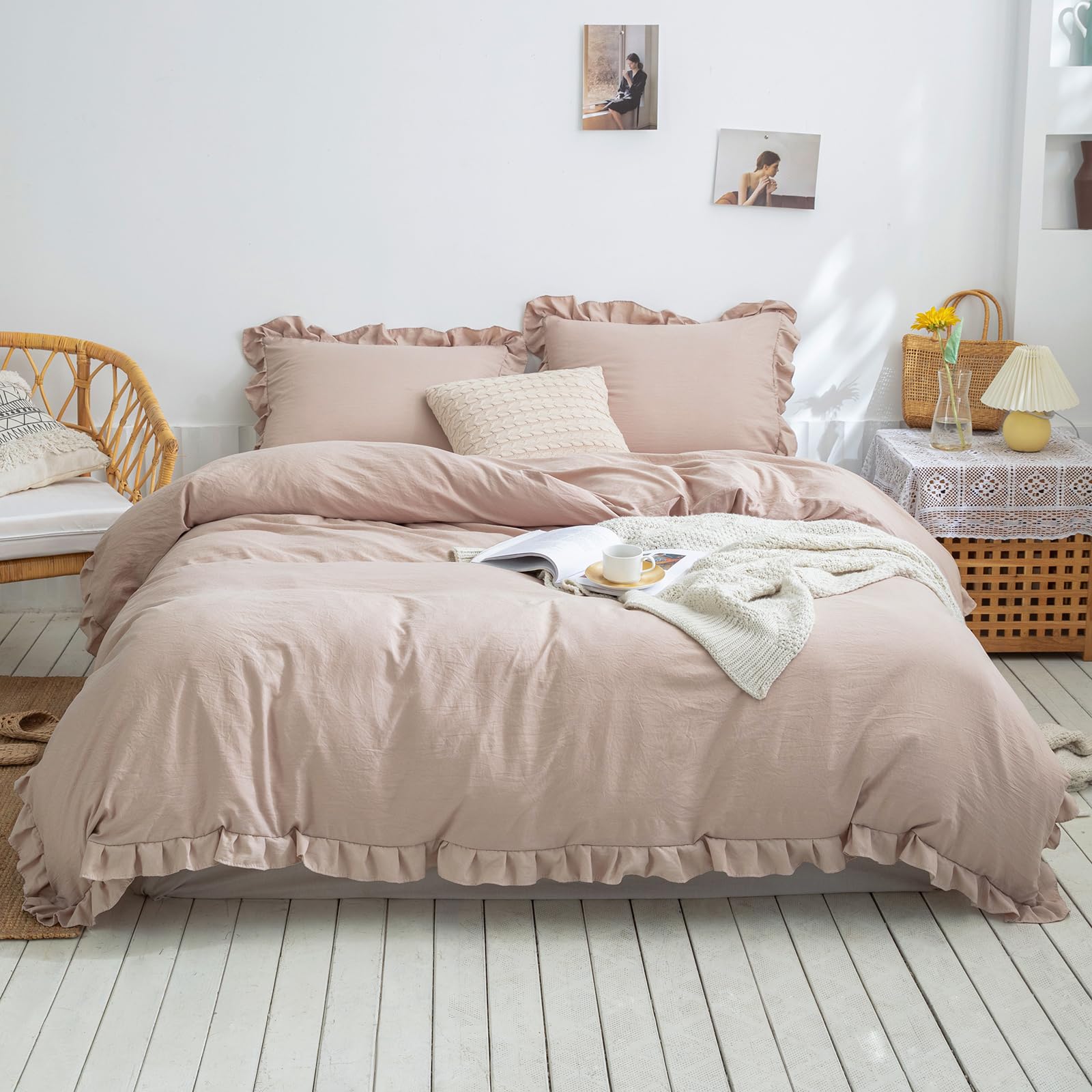 Herside Taupe Ruffle Duvet Cover Set Double Boho Farmhouse Bedding Sets Ruffled Fringe Decor Soft Microfibre Bedding with 2 Pillowcases (Taupe,Double) — image 1