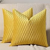 DEZENE Mustard Yellow Couch Pillow Covers: 2 Pack 22x22 Inch Original Striped Velvet Square Throw Pillow Cases for Farmhouse Home Decor