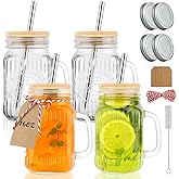 Magicsky Mason Jar Cups with Handles, Vintage 16 oz Glass Iced Coffee Cup with Bamboo Lids and Straws, Pint Drinking Jars Mug for Smoothie, Cold Drinks, Juice, Party Beverages, Set of 4
