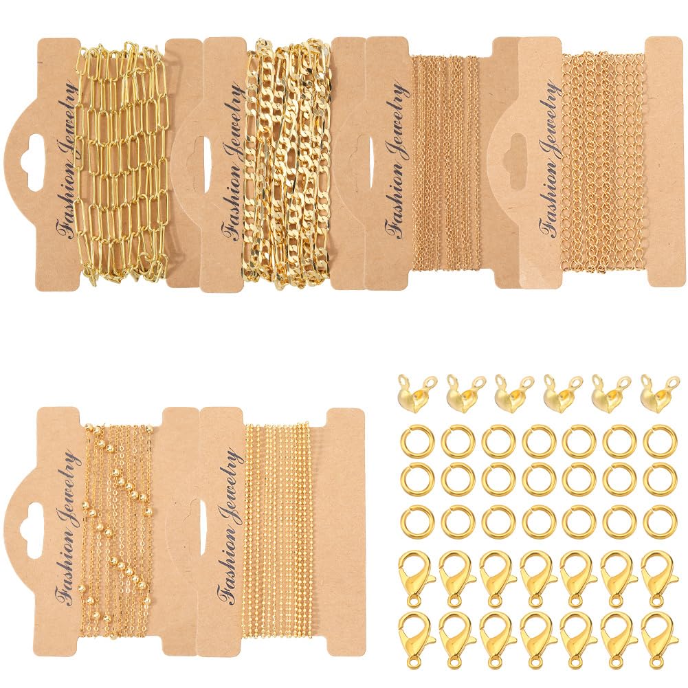 SUNNYCLUE 39.4 Feet/15M 6 Styles Real 18K Gold Plated Brass Chains Metal Chain Kit Curb Cable Ball Paperclip Chains with Jump Rings Alloy Lobster Claw Clasps Bead Tips for Jewellery Making DIY Crafts