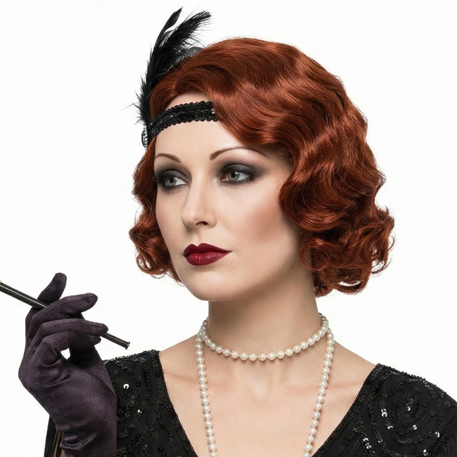 REEWES Short Vintage Synthetic Full Wigs 1920s Finger Wave Wig Short Curly Wig for Women Ladies Cosplay Flapper Fancy Dress Red
