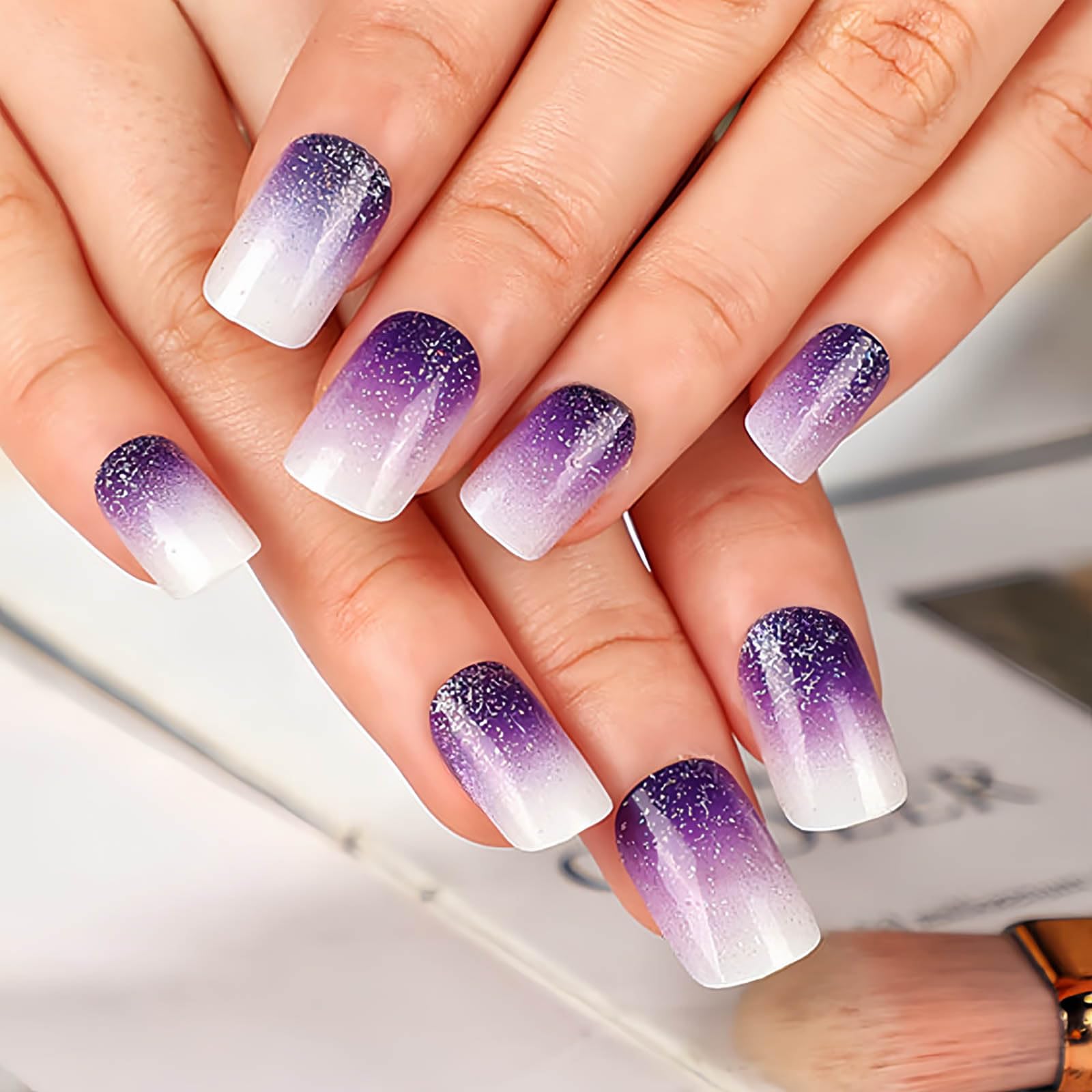 Square Press on Nails Short Fake Nails Purple French Tip False Nails Ombre Glue on Nails with Glitter Designs Nails Press ons Acrylic Nails Glossy Stick on Nails for Women and Girls 24Pcs - Image 2