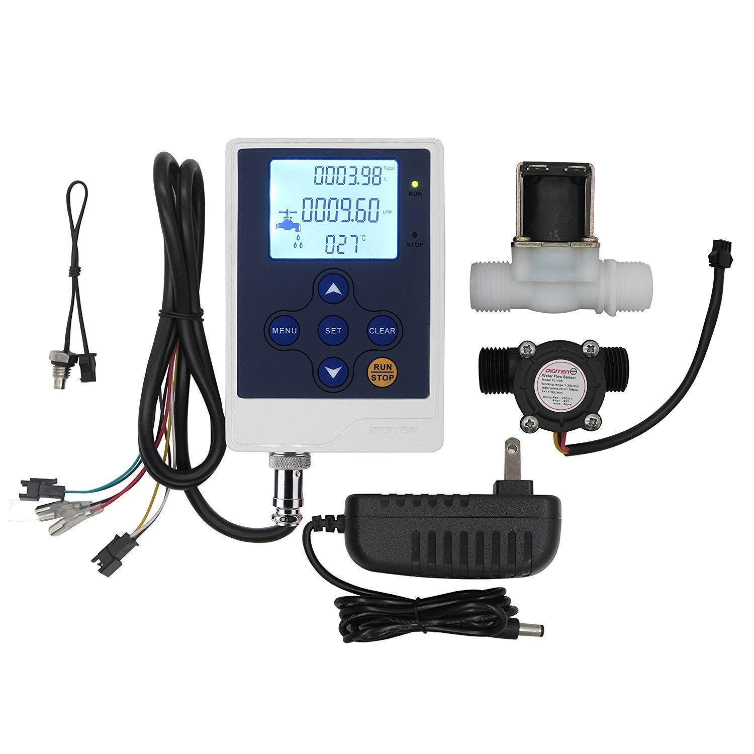 SENSTREE Water Flow Control Meter LCD Display Controller+G1/2" Water Hall Sensor Flow Meter Flowmeter Counter 1-30L/min+G1/2" Solenoid Valve Normally Closed N/C+DC 12V Power Adapter