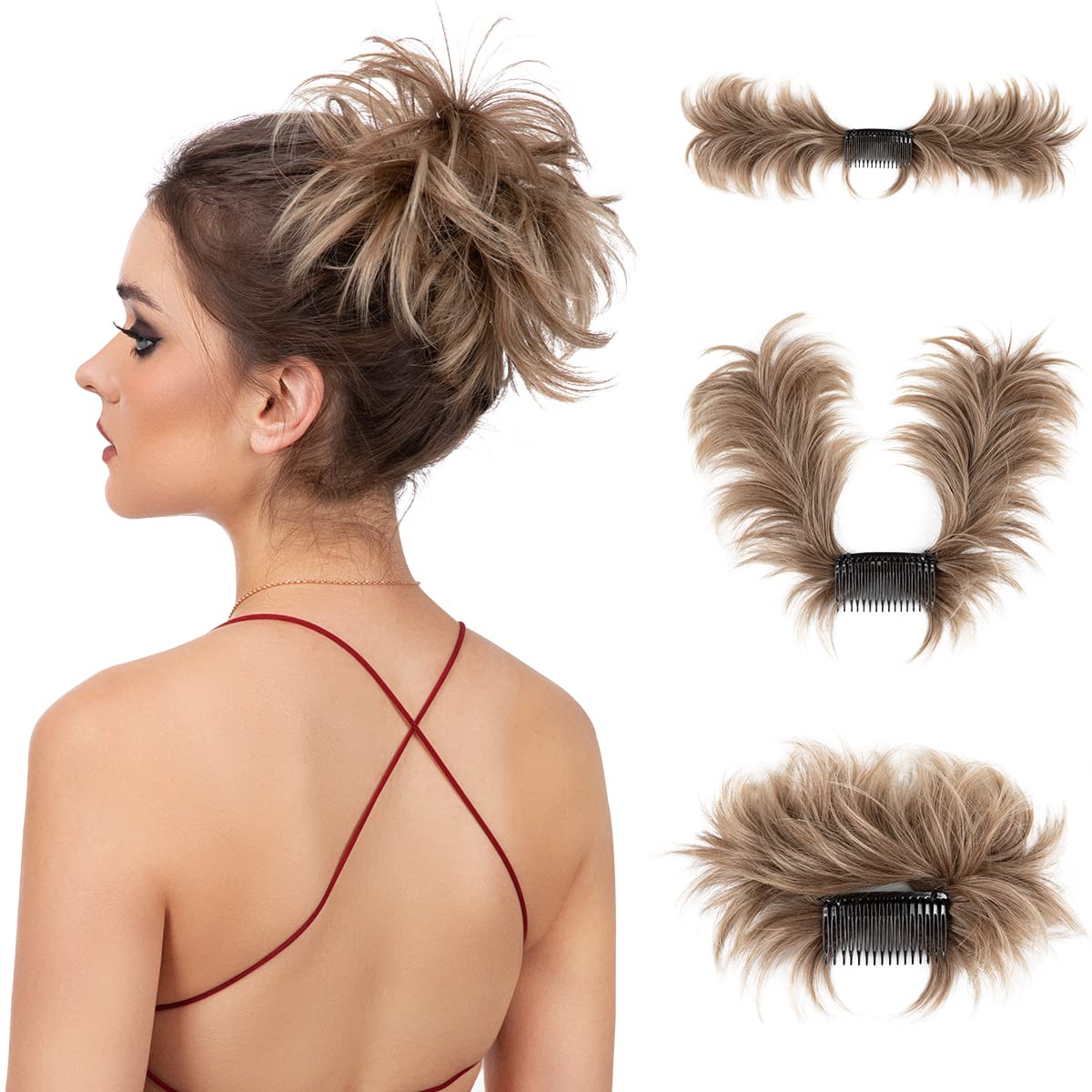 SARLA Messy Bun Hair Piece Side Comb Clip in Synthetic Hair Bun Hairpiece for Women Short Curved Versatile Adjustable Styles Easy Hair pieces (Brown to Ash Blonde)