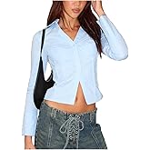 Women Long Sleeve Slim Button Up Shirt Solid Color Y2K Button Down Blouse Vintage Slim Fitted Collared Dressy Top