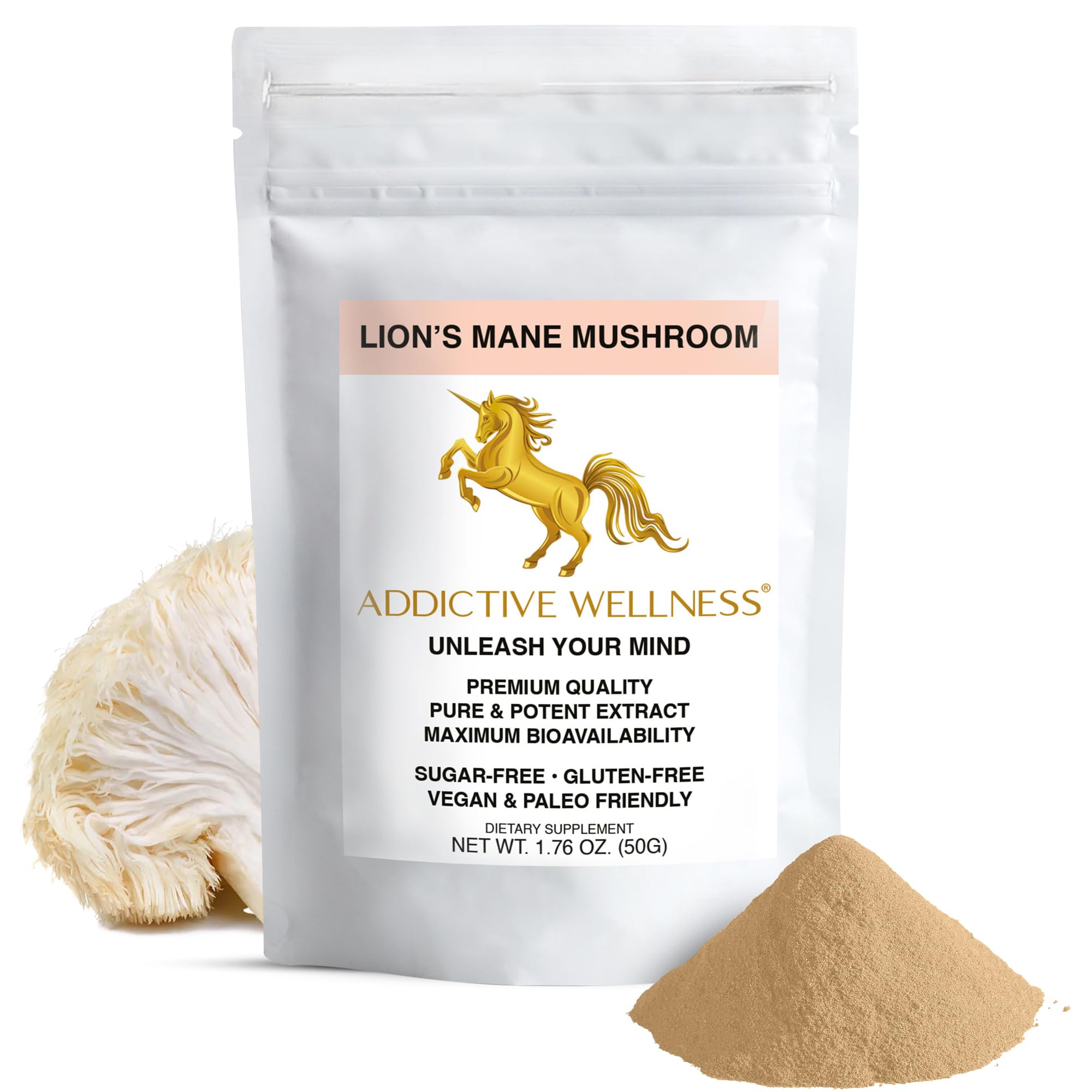 Addictive Wellness Lions Mane Supplement Powder, Premium Quality Lions Mane Mushroom Powder Dual-Extract Nootropic, Sugar Free, Vegan & Paleo Lion's Mane Mushroom Supplement - 1500 mg