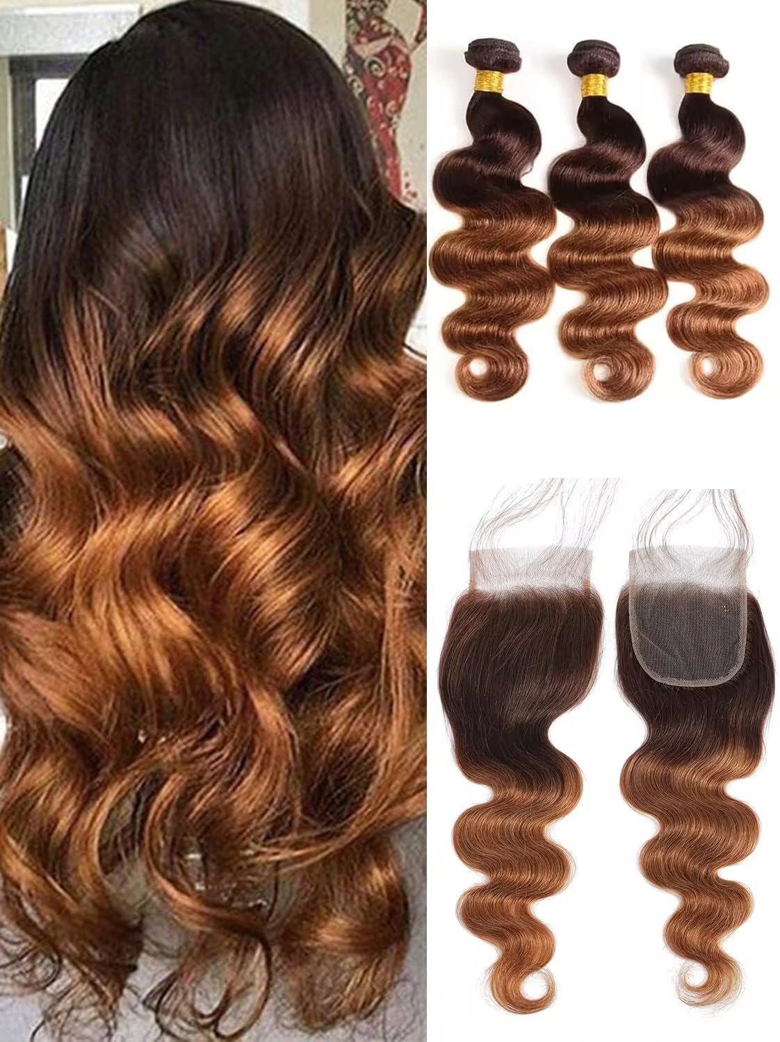 2 Tone Ombre Body Wave Hair 3 Bundles With 4x4 Free Part Lace Closure - 100% Unprocessed Brazilian Remy Virgin Human Hair (20 22 24+18" 4x4 Closure) โ image 1