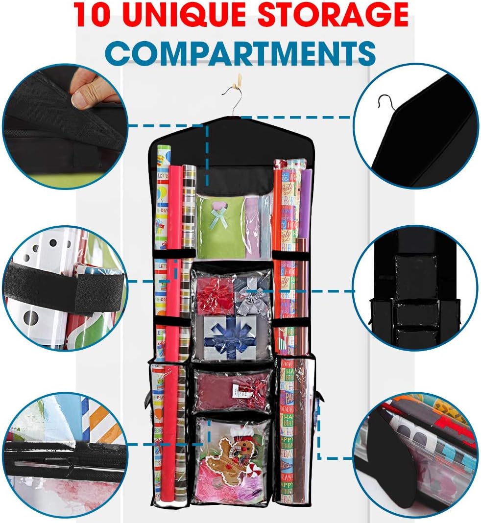 ProPik Hanging Double Sided Wrapping Paper Storage Organizer with Multiple Pockets Organize Your Gift Wrap, Gift Bags Bows Ribbons 40"X17"Fits 40 Inch Rolls Red White and Clear PVC Bag (Black): Health & Personal Care