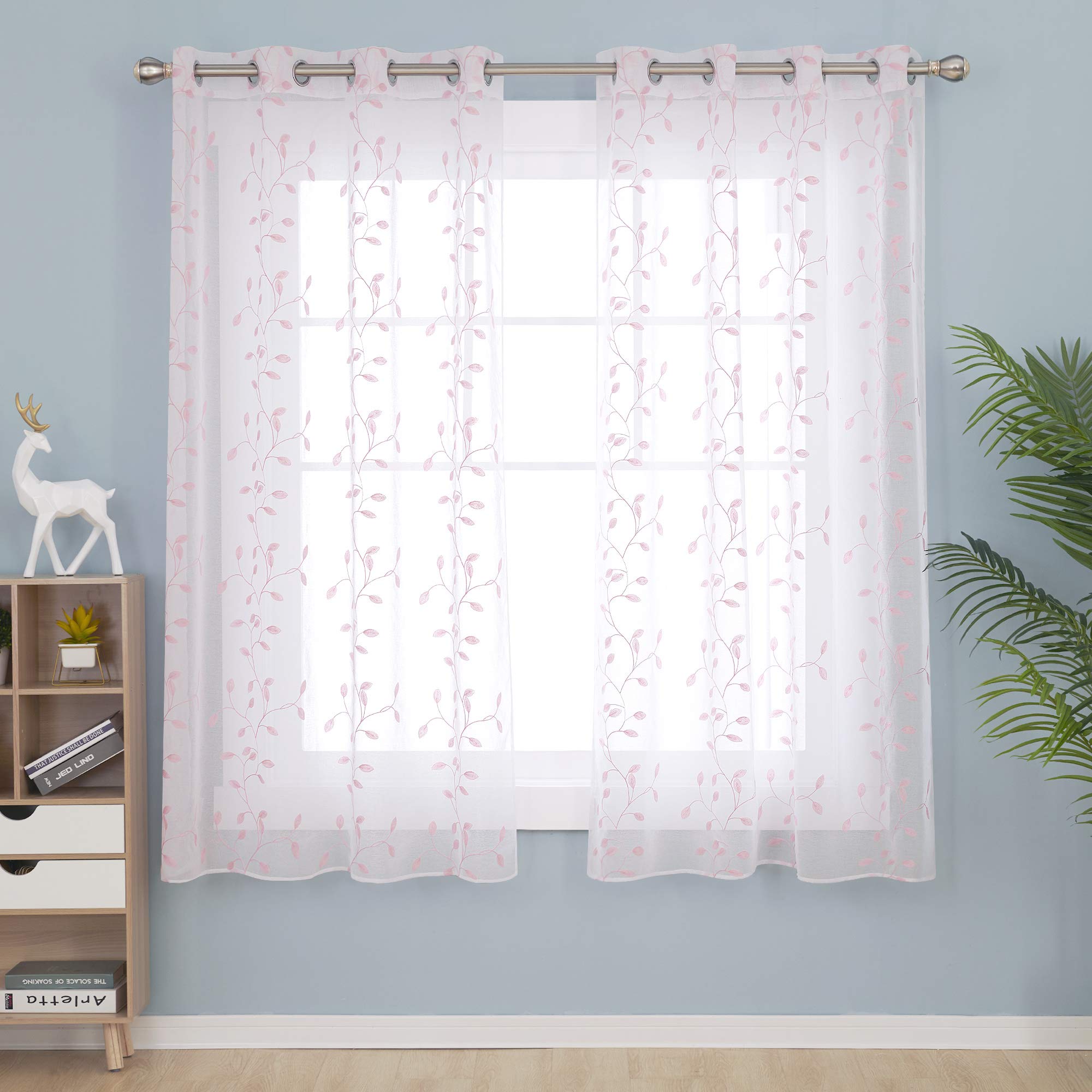 Deconovo Top Ring Leaf Embroidery Net Curtains Semi Transparent Curtains Faux Linen Sheer Curtains for Living Room 55 x72 Drop Inch Pink 2 Panels