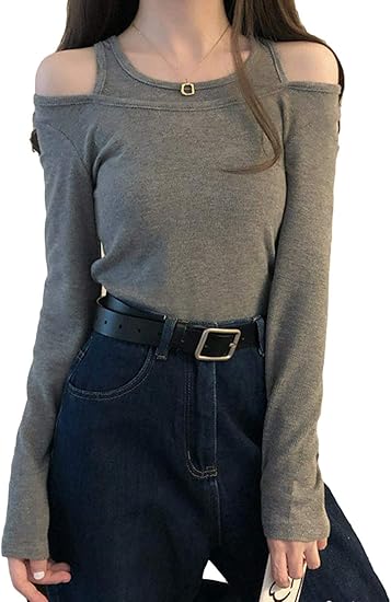 Amazon メテオラマート モテかわ レディース セクシー オフショル カットソー フェイクレイヤード シャツ ロンt 長袖 グレー M Tシャツ カットソー 通販