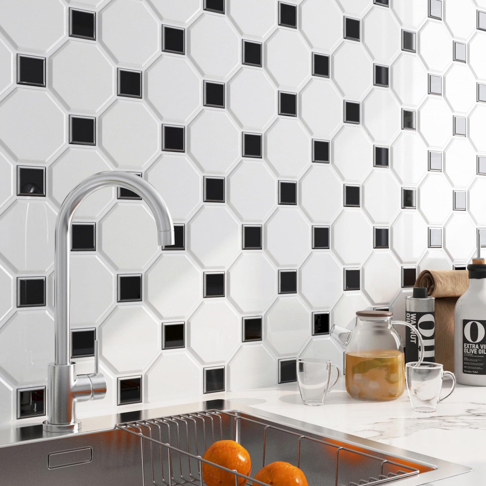 Photo 1 of FunStick 15 Pcs White Peel and Stick Backsplash for Kitchen Waterproof 12"x12" Black Square Hexagon Stick on Back Splash Tiles for Kitchen Backsplash Tile Peel and Stick Wall Tiles for Bathroom Shower