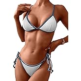 ZAFUL Women's Triangle Bikini Tie Side Whip Stitch String Bikini Two Piece Swimsuit Bathing Suits (3-White, M)