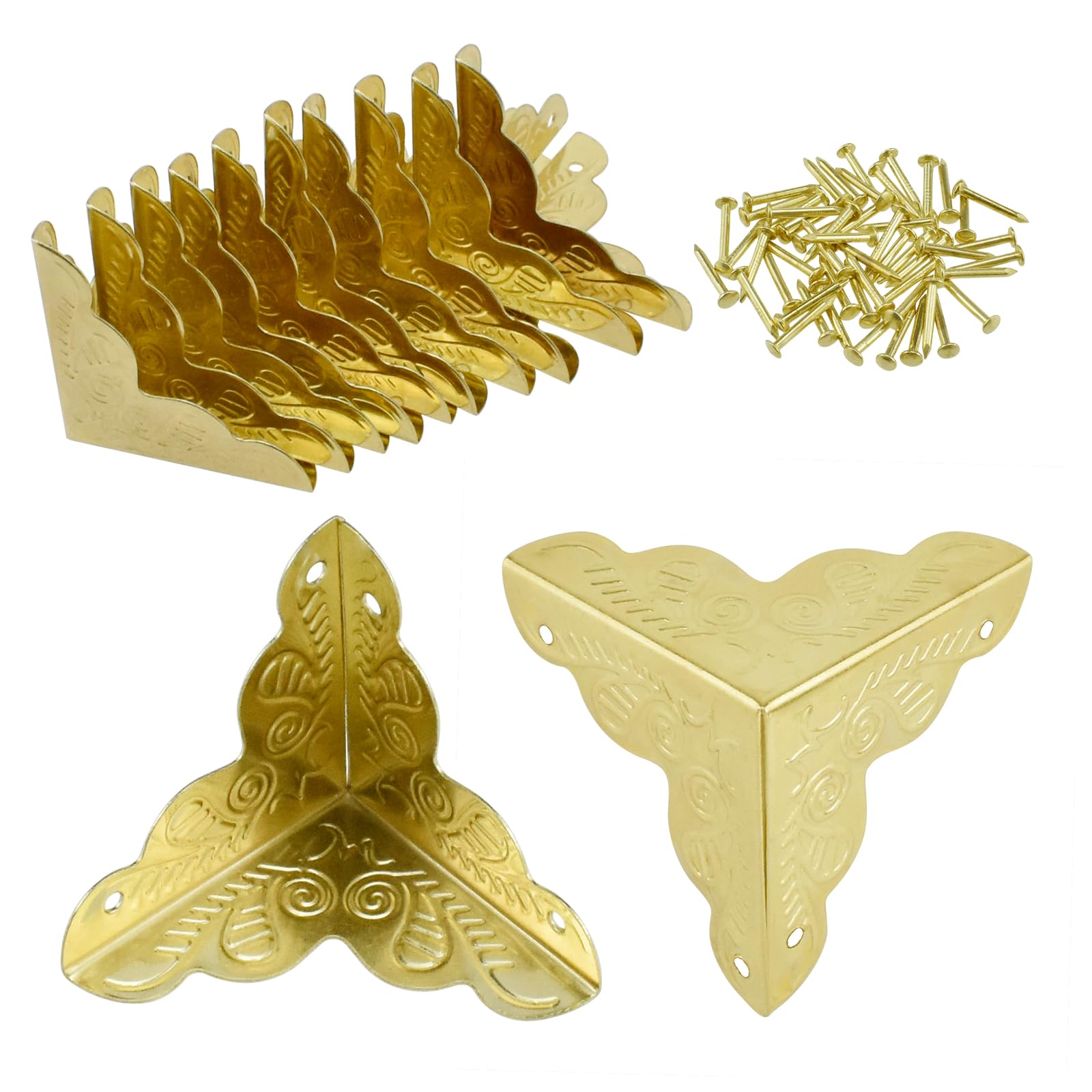 Photo 1 of SDTC Tech 12 Pack Furniture Corner Protector 1" x 1" Antique Gold Triangle Edge Decorative Metal Corner Guard for Storage Box Jewelry Case Cabinet Coffee Table Wooden Chest etc.