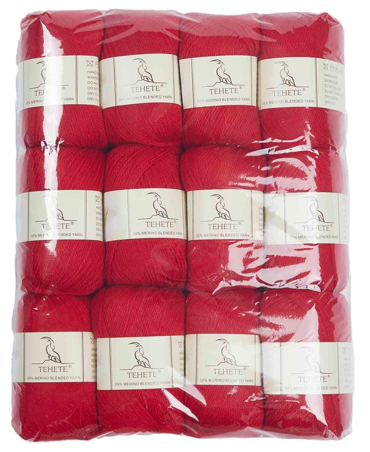 TEHETE Merino Wool Yarn for Knitting and Crochet 12x50g 35% Merino Blended Yarn 3ply Soft, Set of 12-Red