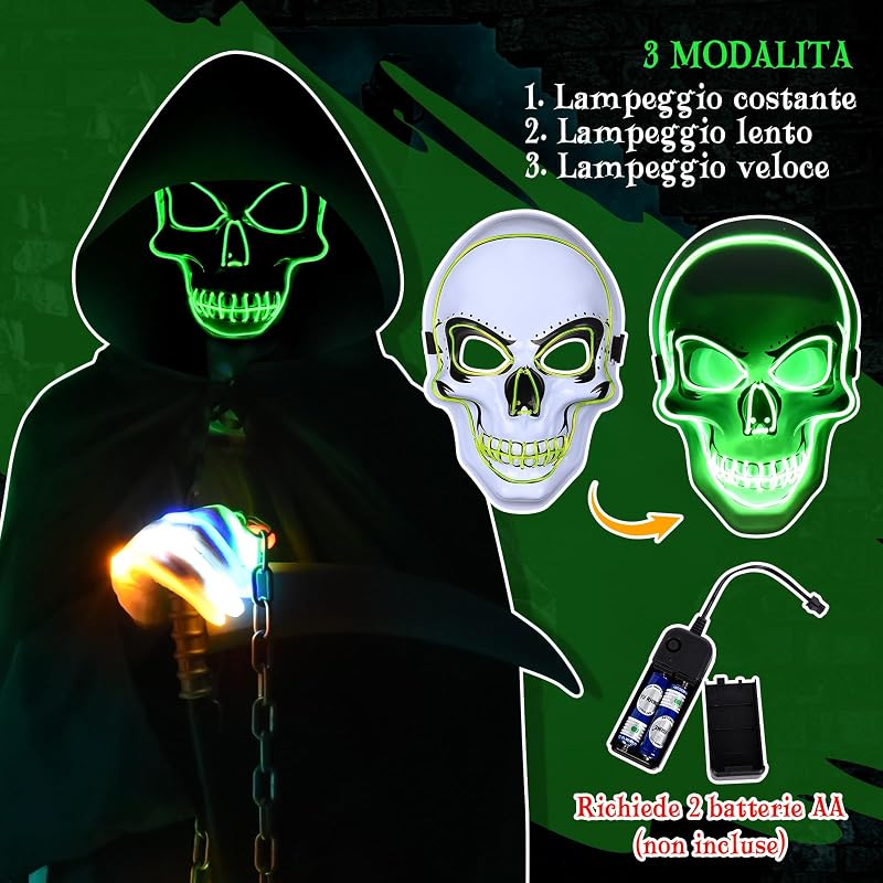 Costumi Halloween, Mantello con Cappuccio Halloween, Morte Costume di Halloween con Falce, Maschera Scheletrica Luminescente, Guanti Luminescenti e Catena, Cosplay Carnevale Feste Costumes — foto 4 di 6