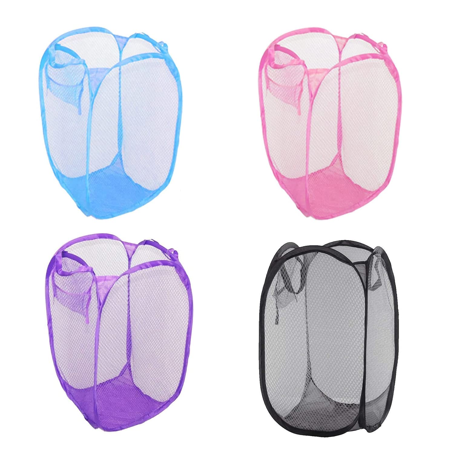HOMESHOPA Laundry Baskets Pop Up Mesh Washing Bag, 4 Pack Foldable Laundry Hamper Bin Bag with Durable Handles & Side Pocket, Collapsible Clothes Toy Tidy Storage Organiser, Assorted Colours