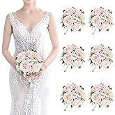 Artificial Bridesmaid Bouquets Set of 6 - 7 Inch Bridesmaid Flower Bouquet Peach Pink Rose Babys Beath Small Floral Bouquet for Wedding Holding Flowers,Bridal Shower Wedding Ceremony Anniversary