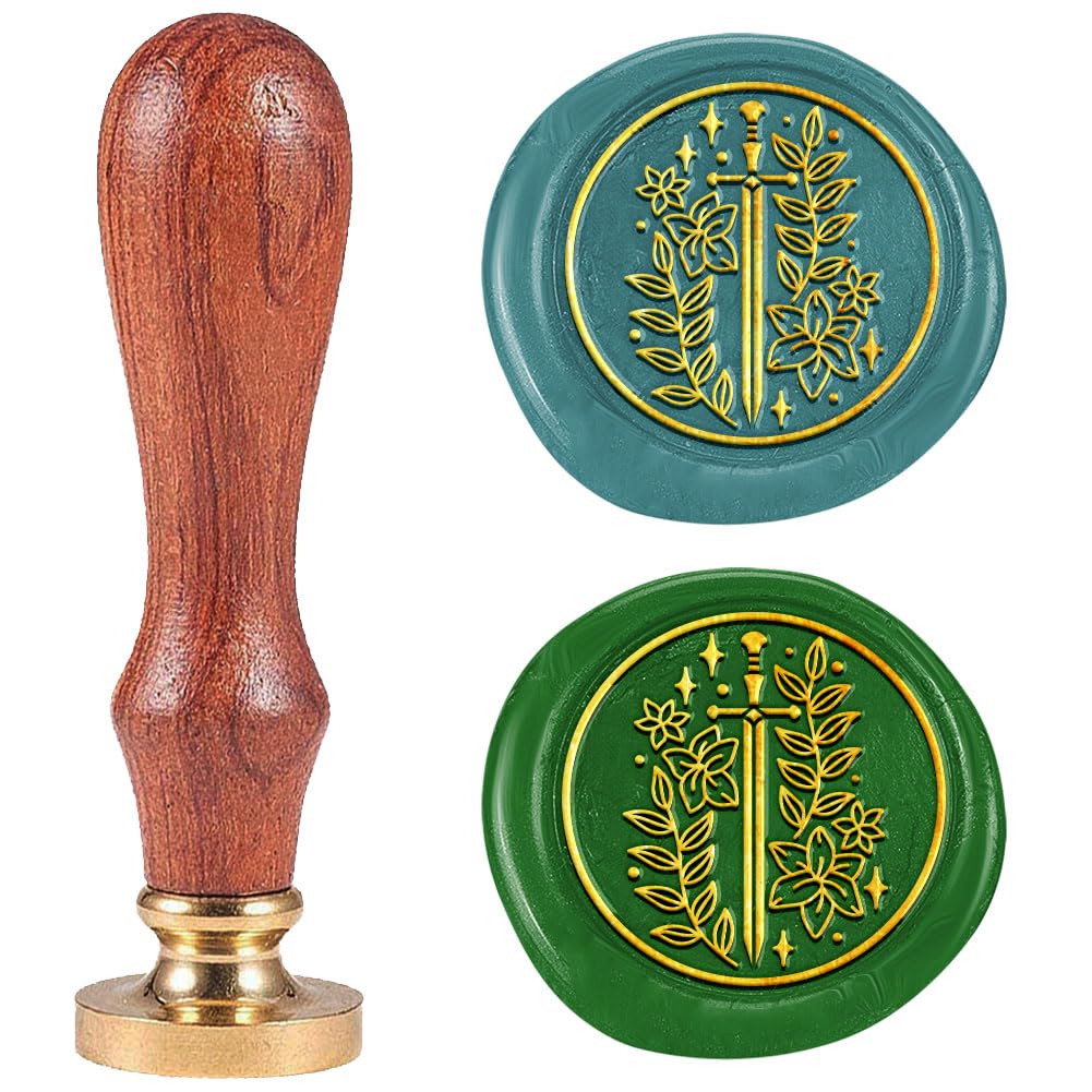 DELORIGIN 1" Wax Seal Stamp Sword and Flower, Retro Sealing Stamps Removable Brass Head with Wooden Handle Novelty Seal Stamp Sealing Wax for Envelope Greeting Card Gift Letter Invitations Decoration