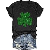 Butovek Womens St Patricks Day V Neck Shirt Funny Lucky Irish Shamrock Graphic Short Sleeve Tops Casual Spring Tees