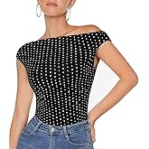 OMKAGI Women One Off Shoulder Y2K Tops Double Lined Slim Fit T Shirts Basic Tees
