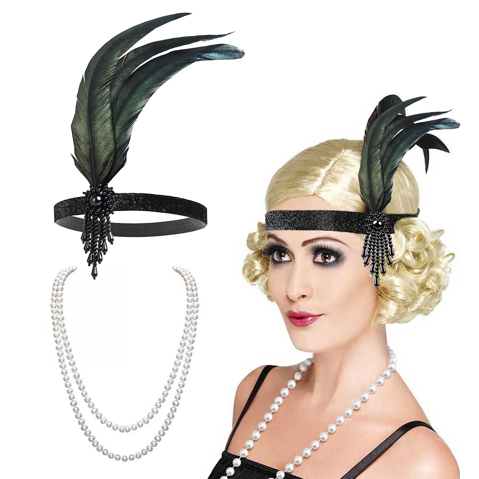 VIKSAUN 1920s Flapper Headband, Faux Pearls Necklace, 1920s headbands Beaded Flapper, Feather Beaded Gatsby Headband, 20s Hair Accessories, for Party Costume Jewelry Women