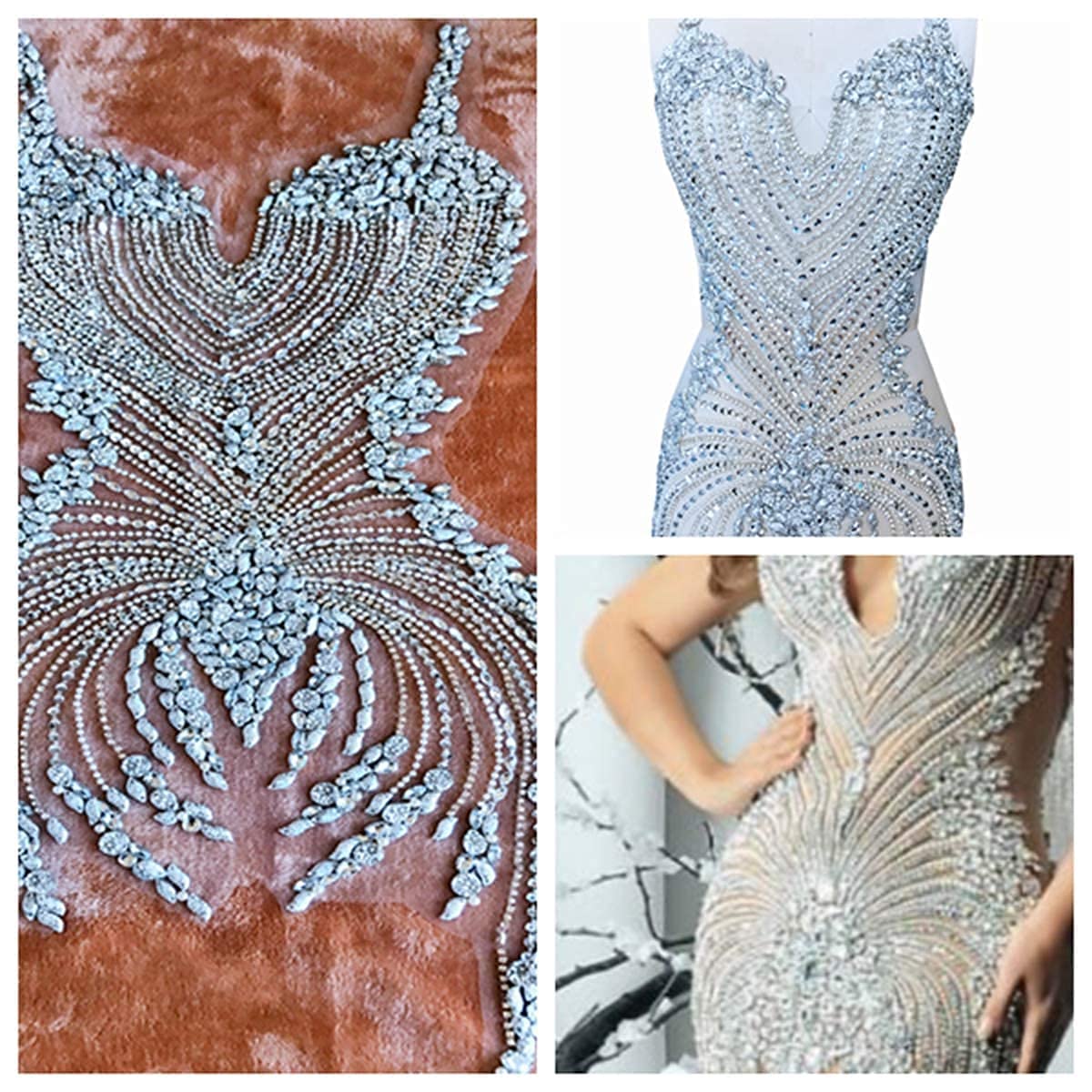Zbroh Oversized Luxury Handmade Silver Sew on Rhinestones Applique on White Mesh Crystal Patches Trim 86x40cm DIY Wedding Dress Accessory