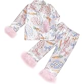 Toddler Baby Girl Easter Satin Pajamas Set Fuzzy Trim Button Down Sleep Shirt Bunny Pant Bottom Sleepwear Loungewear