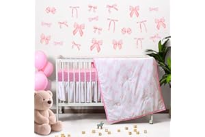 SmoothNovelty 5 Pcs Pink Bow Crib Bedding Set Include Print Crib Sheets Bed Skirt Comforter Pad Cover Wall Stickers for Girls Princess Nursery Room Decoration