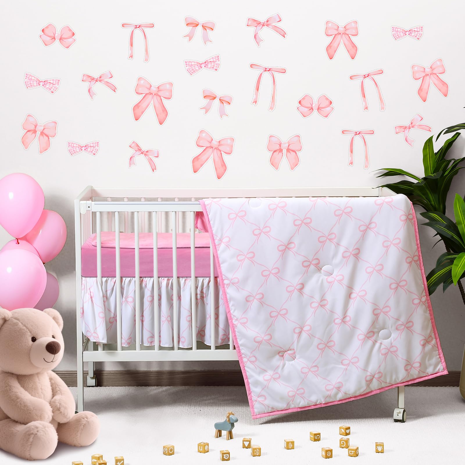 Photo 1 of SmoothNovelty 5 Pcs Crib Bedding Set Include Print Crib Sheets Bed Skirt Comforter Pad Cover Wall Stickers for Girls Princess Nursery Room Decoration(Pink Bow)