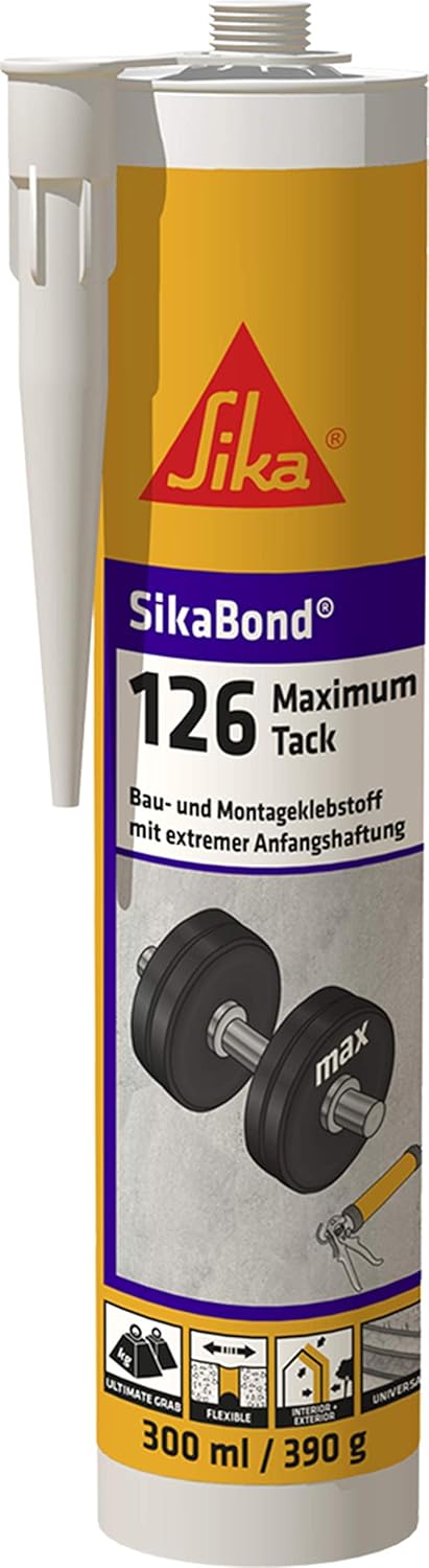 SikaBond-126 Maximum Tack Universell einsetzbar Elastischer Bau- & Montageklebstoff mit Extremer Anfangshaftung 1-Komponentig Elastisch & Lösemittelfrei, gute Frühfestigkeit - 300 ml/Kartusche (weiß)