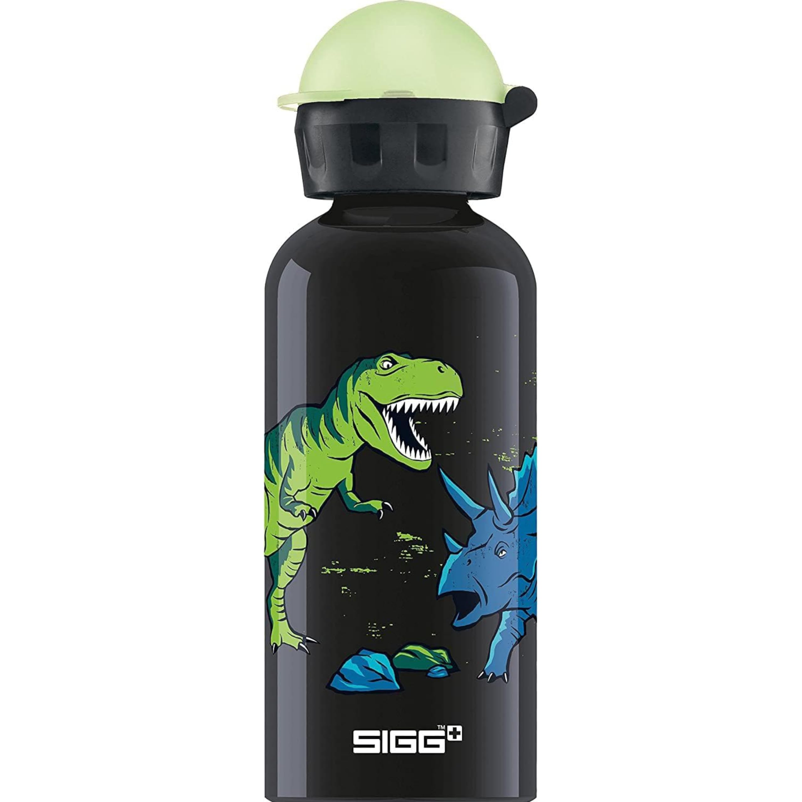 Sigg - Aluminium Water Bottle For Kids + Phosphorescent Cap - KBT Glow Dinosaurs - Leakproof - Lightweight - BPA Free - CO2 Partner Certified - School & Sports - Black - 0.4L
