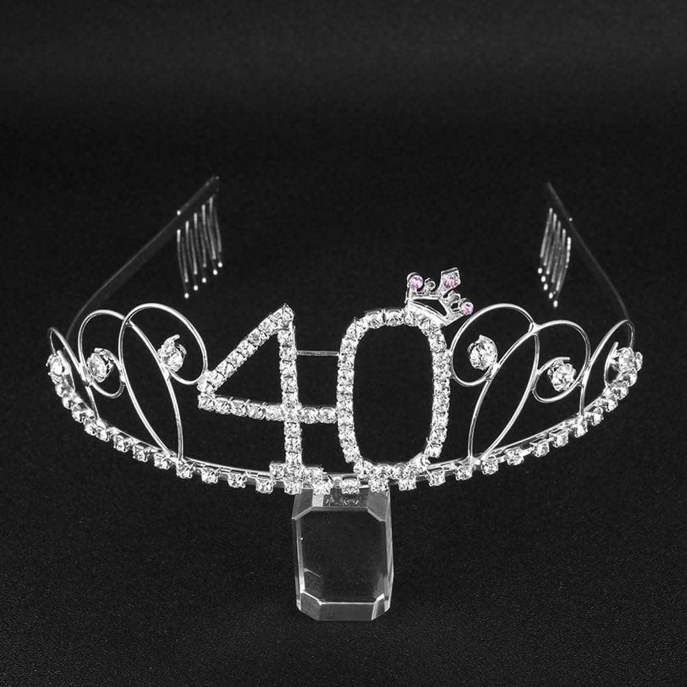 Veewon 40th Birthday Tiara Crown Crystal Princess Crowns Happy Birthday Hair Accessories, Sliver - Image 3