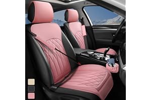 BEITK 2 Pack Leather Front Car Seat Covers, Universal Sideless Car Seat Protectors with Storage Pocket and Seat Belt Pads, Waterproof Automotive Seat Cover for Cars Trucks SUV(Pink)