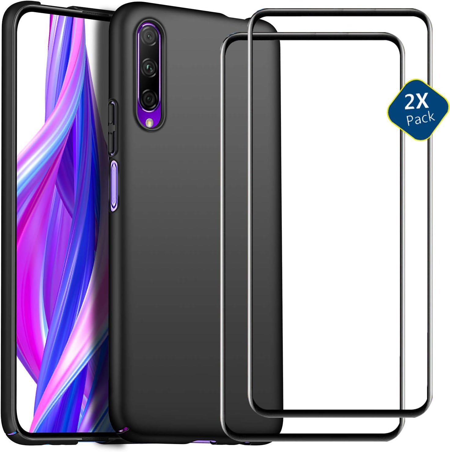 MISKQ Case for Huawei Y9s,complimentary 2 PACK tempered glass screen protector.High quality hard shell matte surface scratch-resistant protective cover(black)